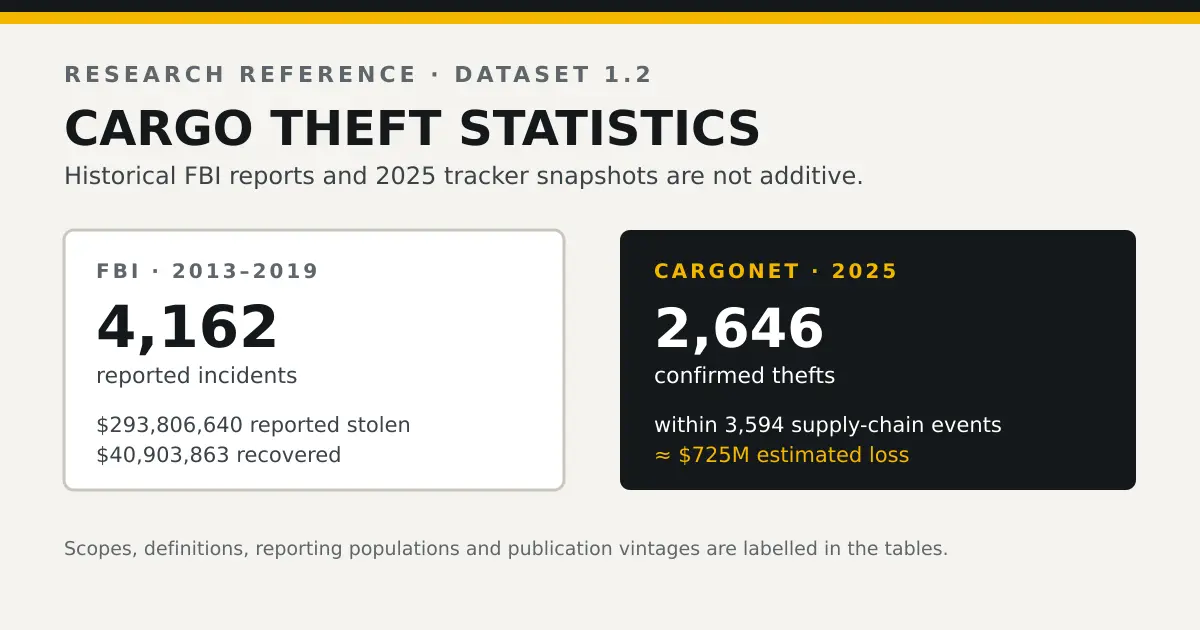 Cargo theft statistics summary comparing 4,162 FBI incidents from 2013–2019 with 2025 tracker figures